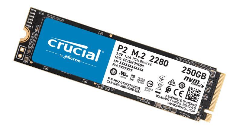 Crucial P2 250GB M.2 NVMe PCIe SSD showcasing its compact design and advanced technology.