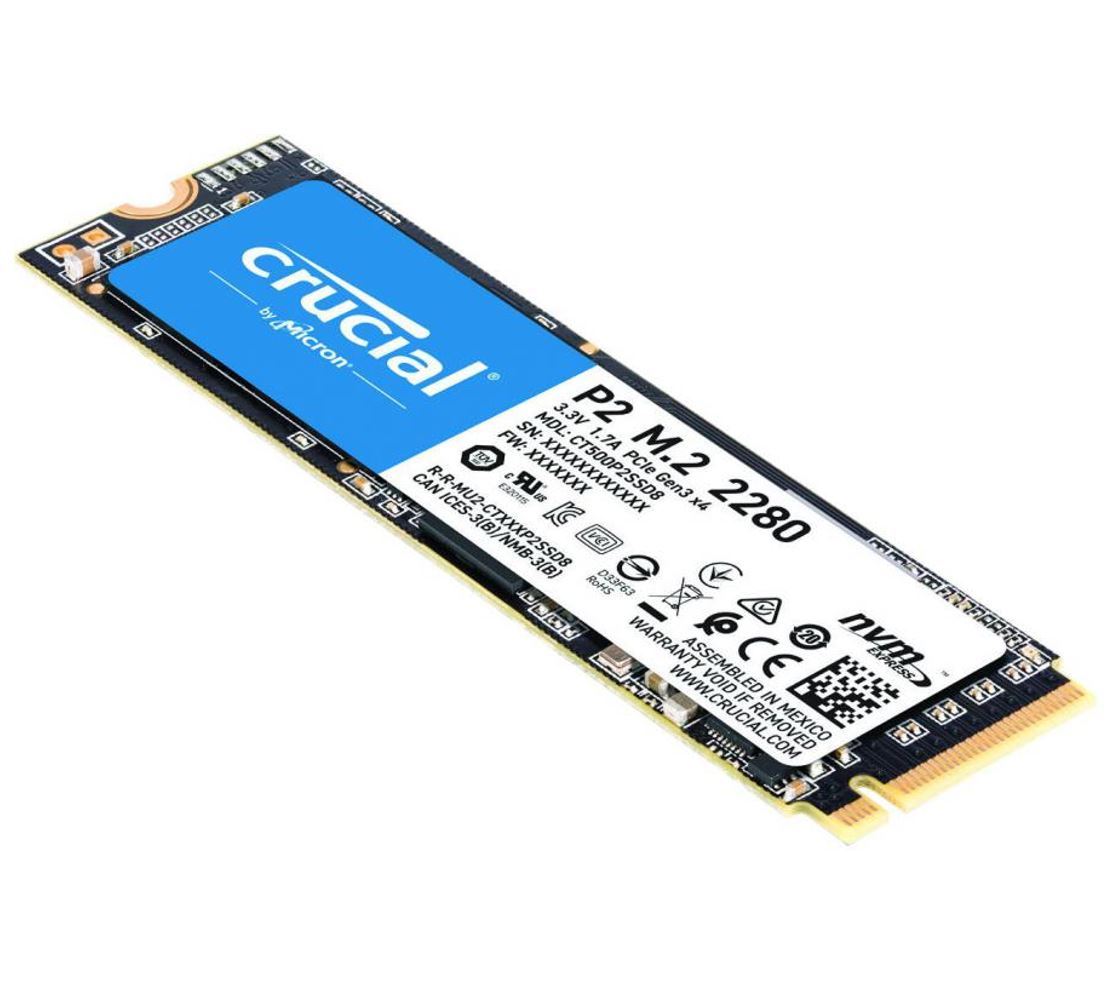 Crucial P2 2TB M.2 NVMe PCIe SSD showcasing its sleek design and specifications.
