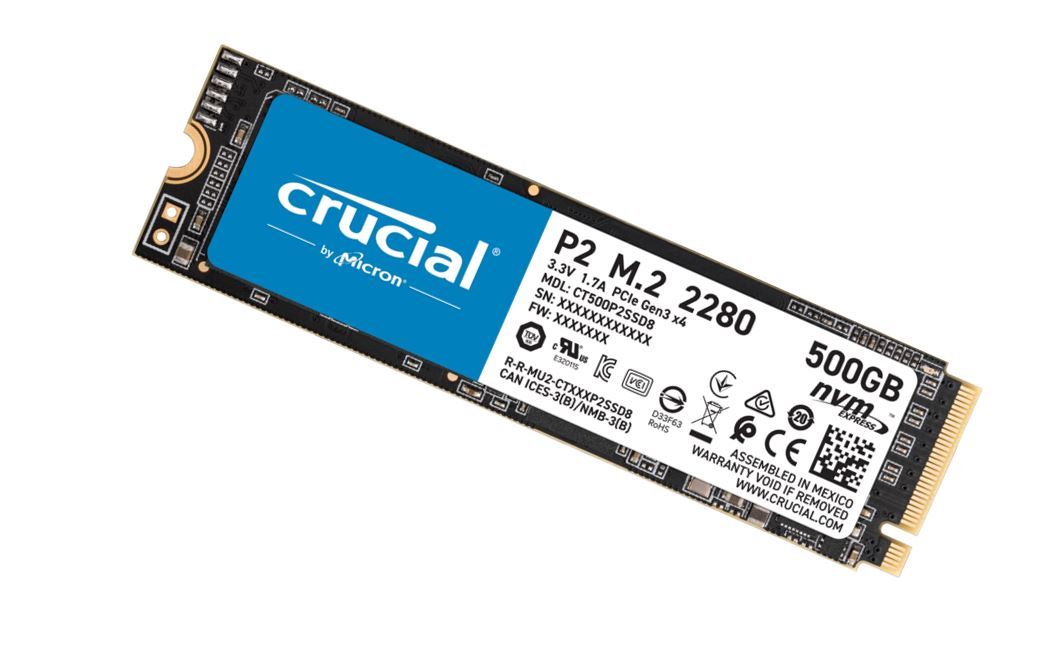 Crucial P2 500GB PCIe NVMe SSD with sleek design and M.2 2280 form factor, showcasing its advanced technology and performance specifications.