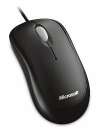 Microsoft Basic Optical USB Mouse in black color, featuring a sleek design and three buttons, ideal for both right and left-handed users.