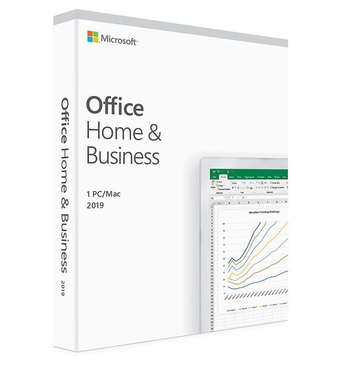 Microsoft Office Home and Business 2019 activation card for PC and Mac, featuring Word, Excel, PowerPoint, Outlook, and OneNote.