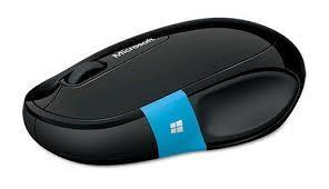 Microsoft Sculpt Comfort Black Bluetooth Mouse with ergonomic design and Windows touch tab for easy navigation.
