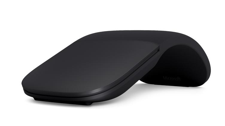 Microsoft Surface Arc Wireless Mouse in black, showcasing its ultra-slim design and innovative scroll plane.
