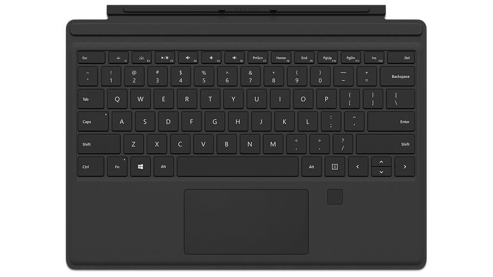 Microsoft Surface ProType Cover in black with integrated fingerprint reader, designed for Surface Pro devices.