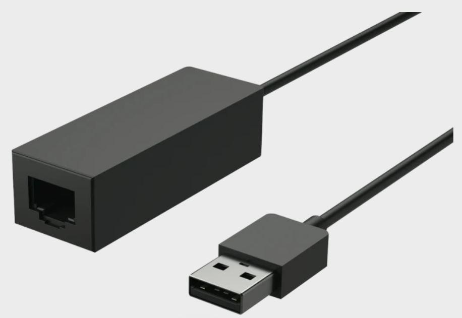 Microsoft USB to Ethernet adapter for Surface Pro, compact and portable design for reliable wired internet connection.