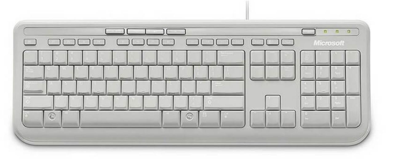 Microsoft Wired 600 Keyboard in white color with USB connection, featuring quiet-touch keys and media controls.