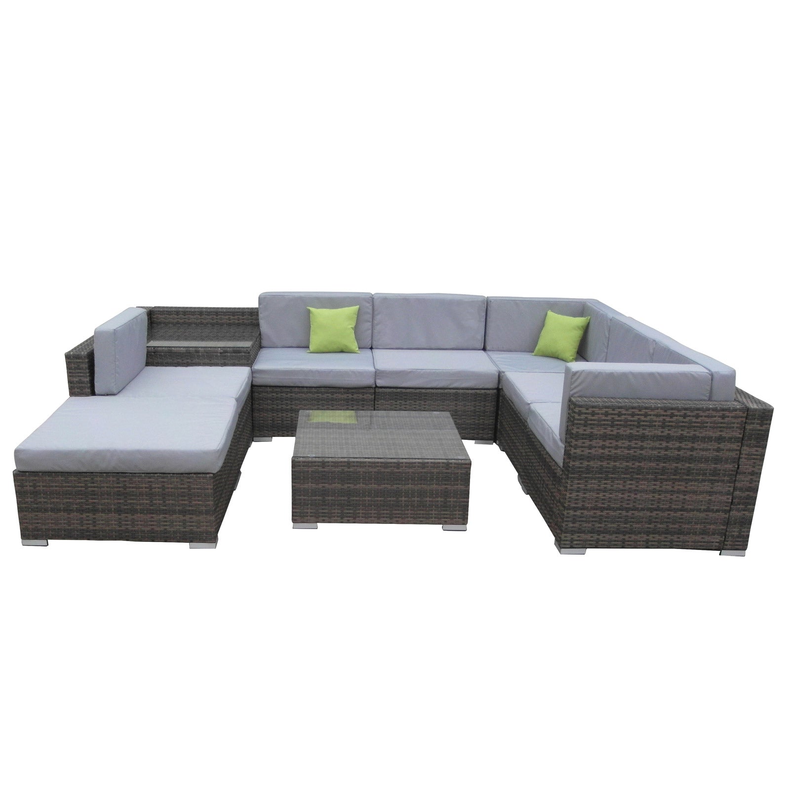 Milano 9 Piece Wicker Rattan Sofa Set in Oatmeal Grey, featuring plush cushions and a glass table, perfect for outdoor lounging.