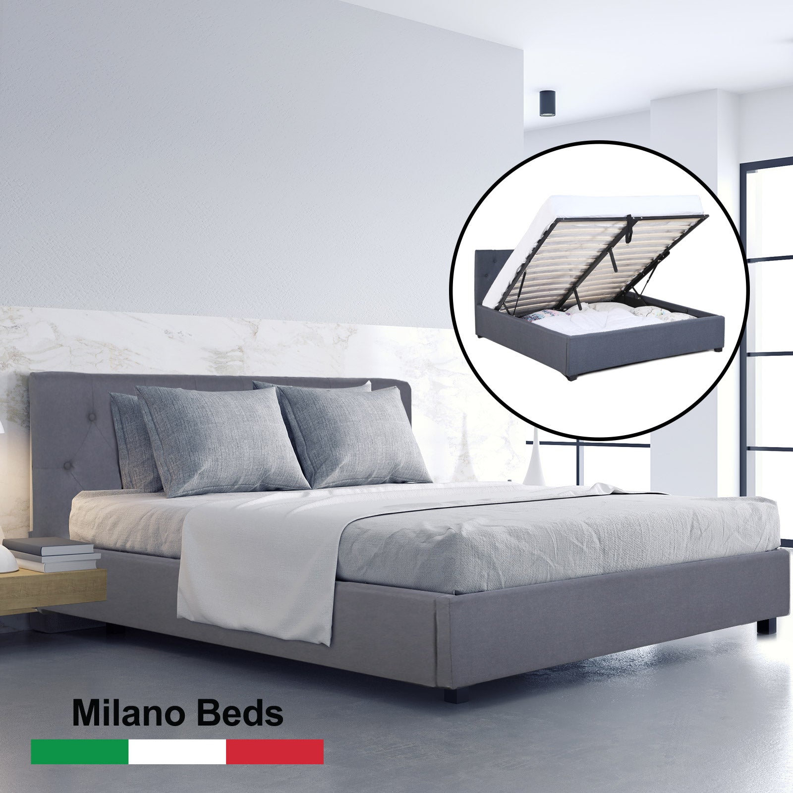 Milano Capri Luxury Gas Lift Bed Frame with tufted headboard and storage space, showcasing modern design and high-quality fabric upholstery.