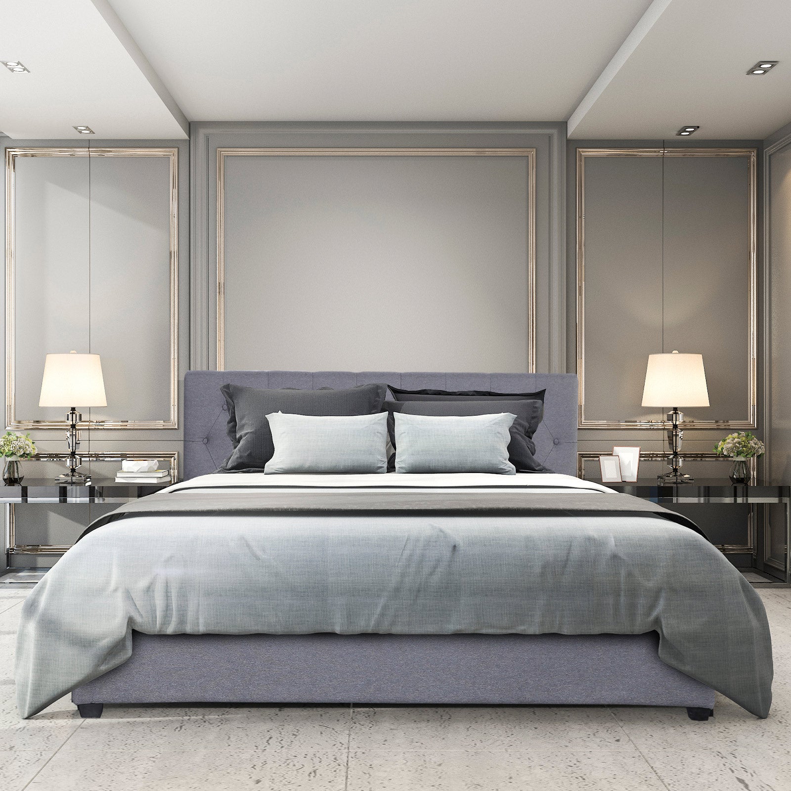 Milano Capri Luxury Gas Lift Bed Frame with tufted headboard and storage space, showcasing modern design and high-quality fabric upholstery.