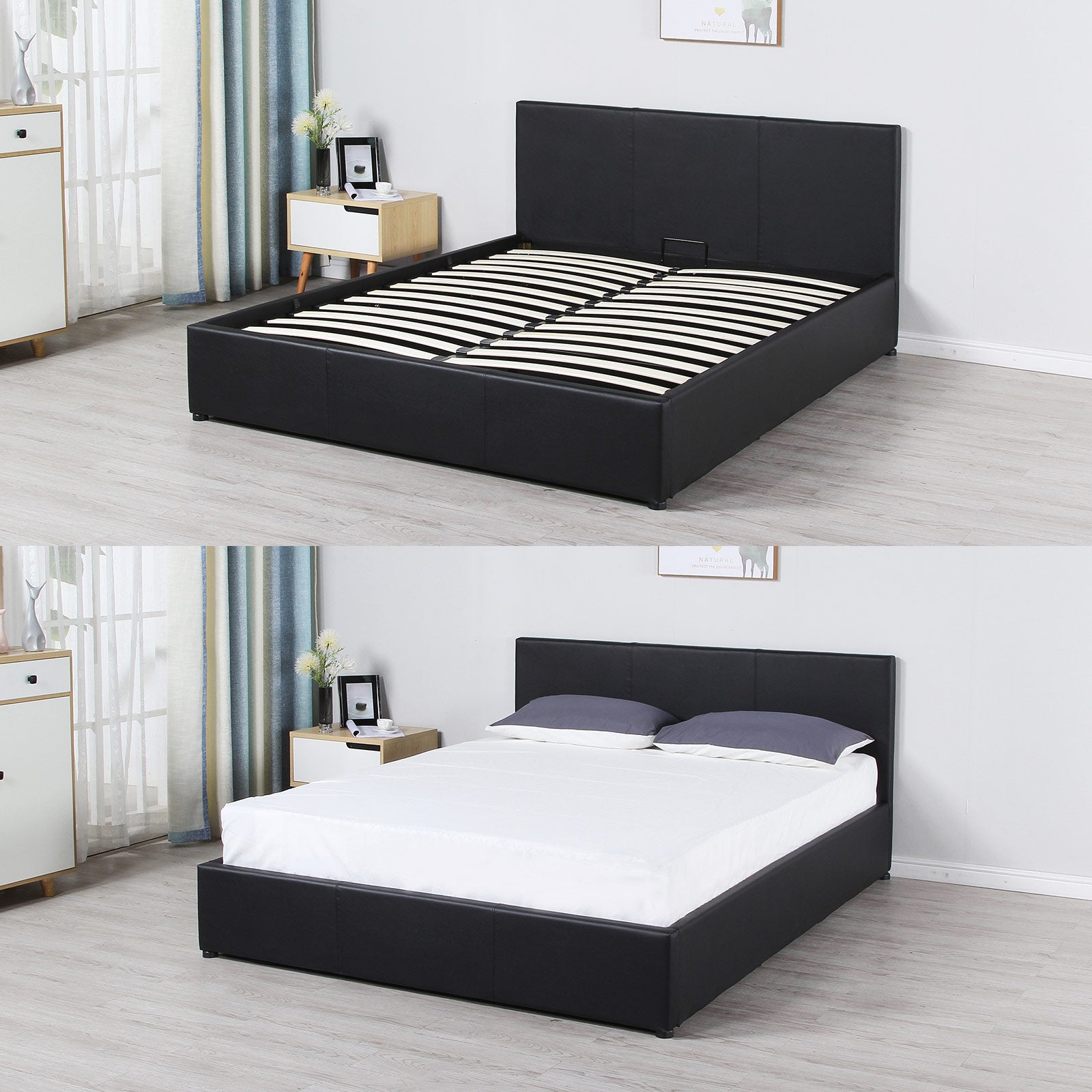 Milano Luxury Gas Lift Bed Frame and Headboard in Queen Black, showcasing modern design and gas lift functionality.
