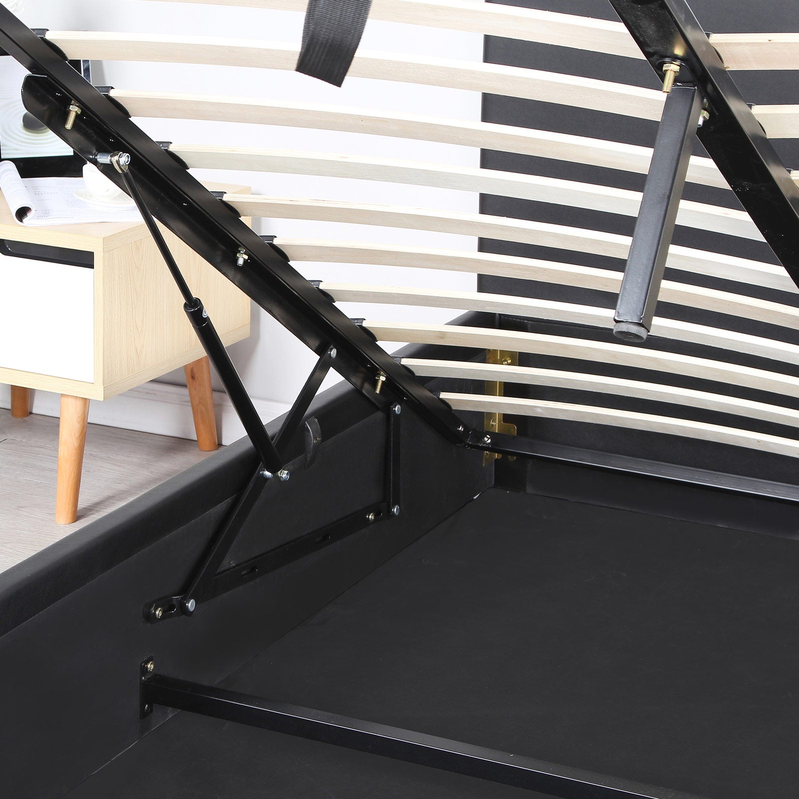 Milano Luxury Gas Lift Bed Frame and Headboard in Queen Black, showcasing modern design and gas lift functionality.