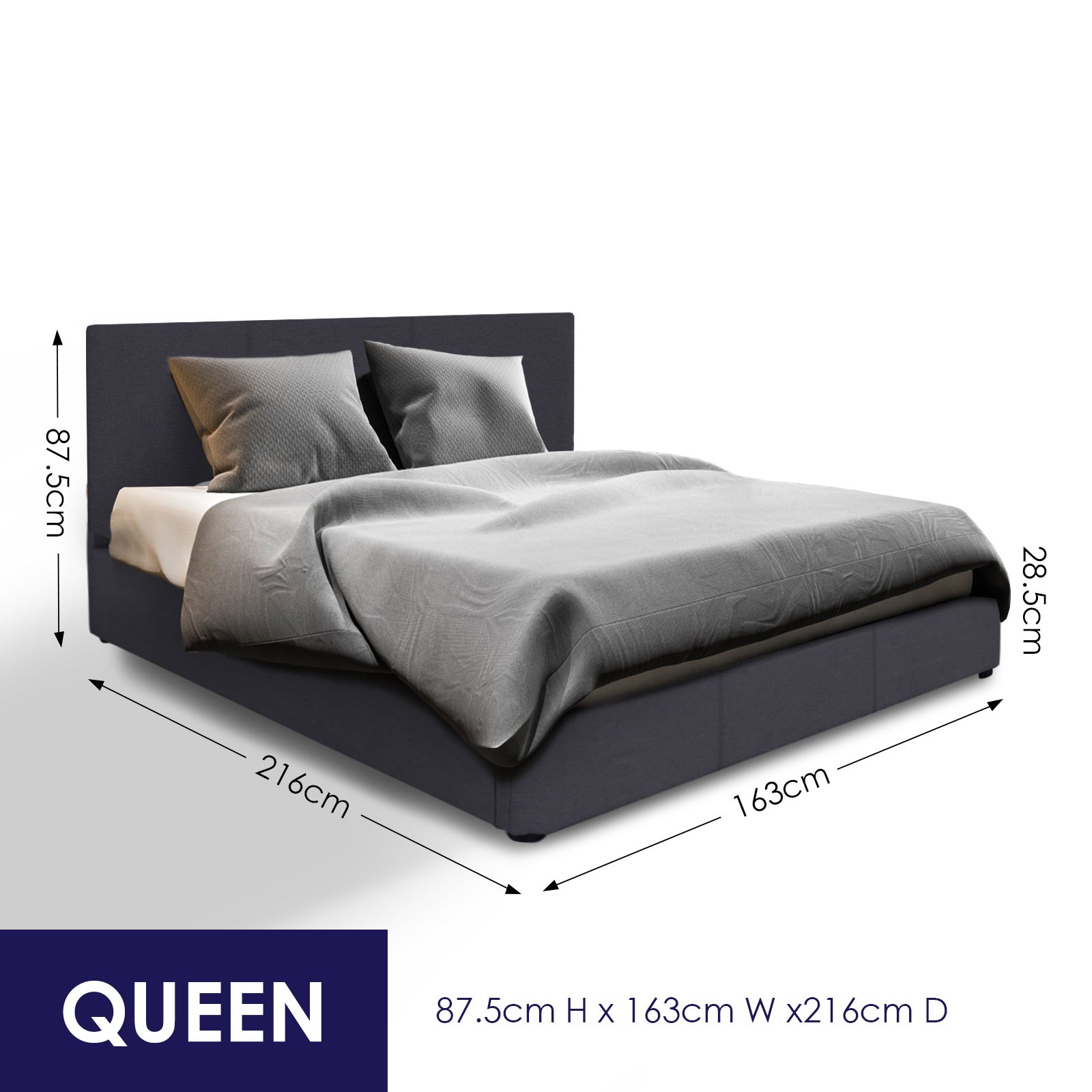 Milano Luxury Gas Lift Bed Frame and Headboard in Queen Black, showcasing modern design and gas lift functionality.