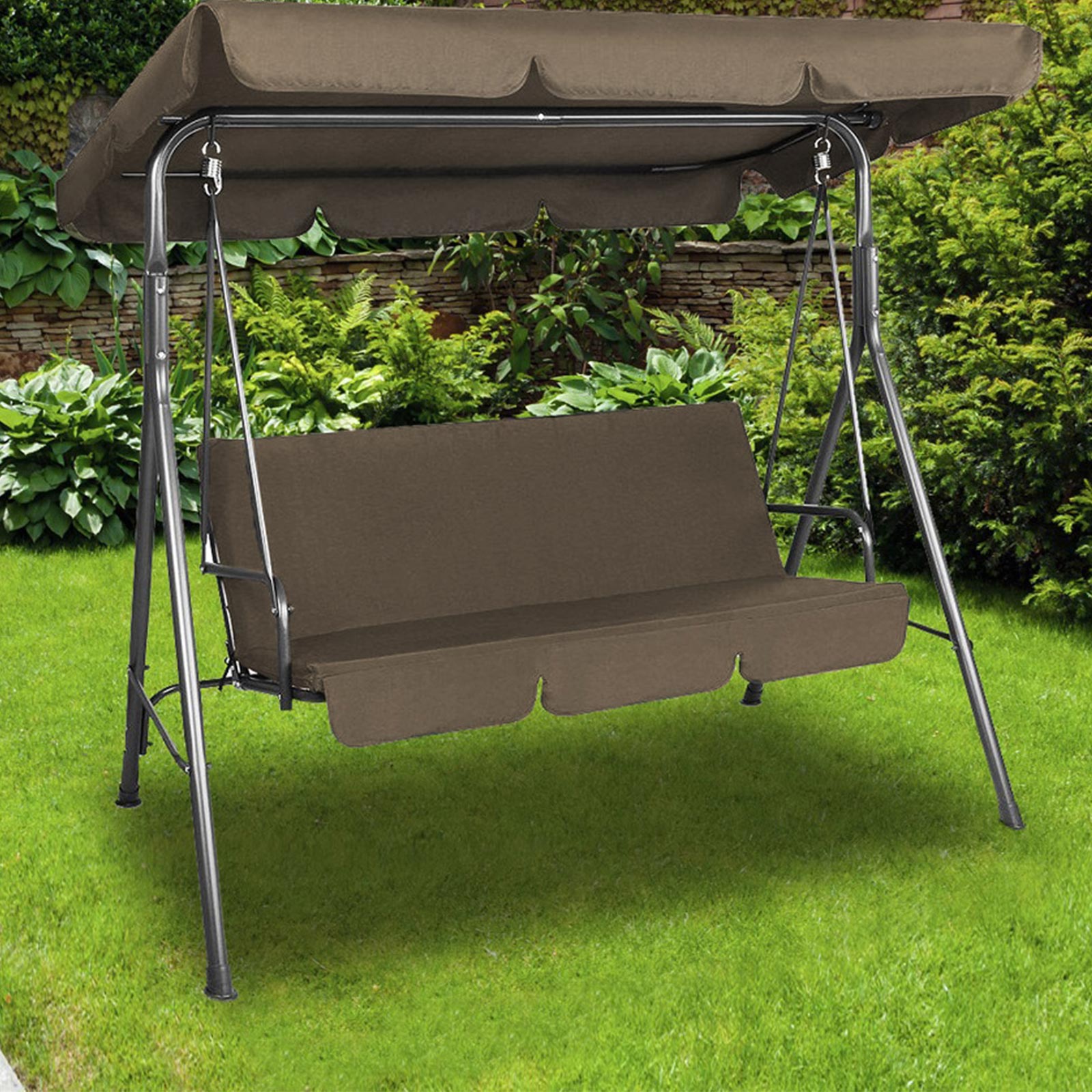 Milano Outdoor Swing Bench with canopy, seating three people in a garden setting, showcasing its durable steel frame and soft upholstery.