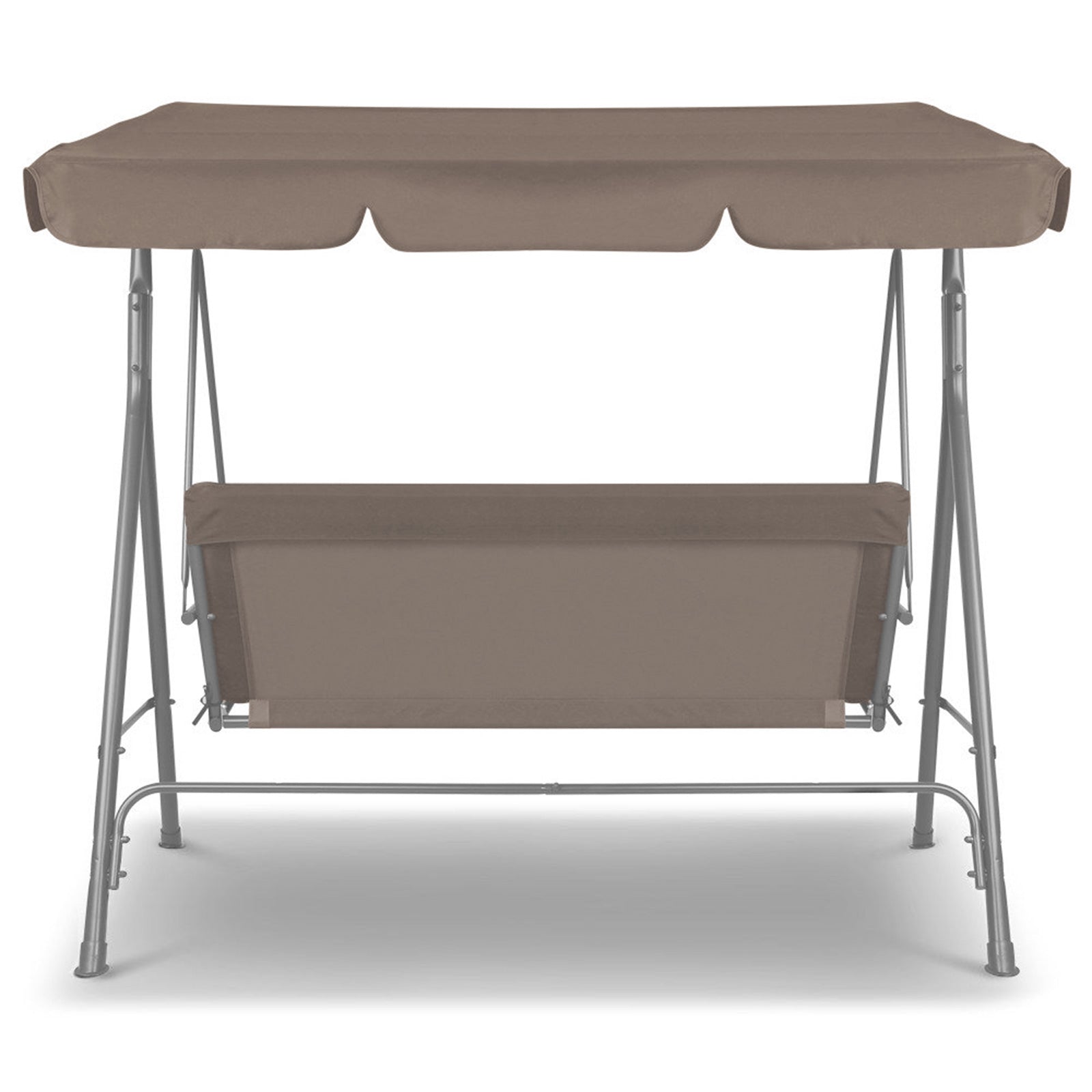 Milano Outdoor Swing Bench with canopy, seating three people in a garden setting, showcasing its durable steel frame and soft upholstery.