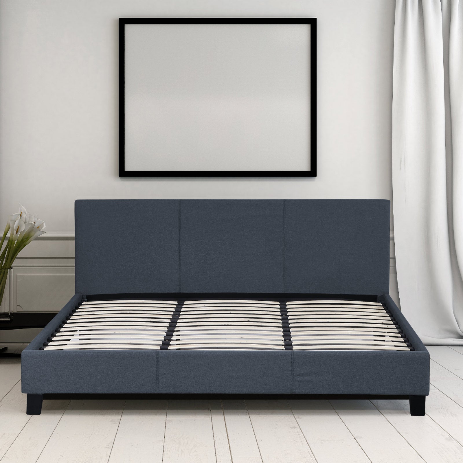 Milano Sienna Luxury Bed Frame with padded headboard in a modern bedroom setting, showcasing solid wood and high-quality fabric upholstery.