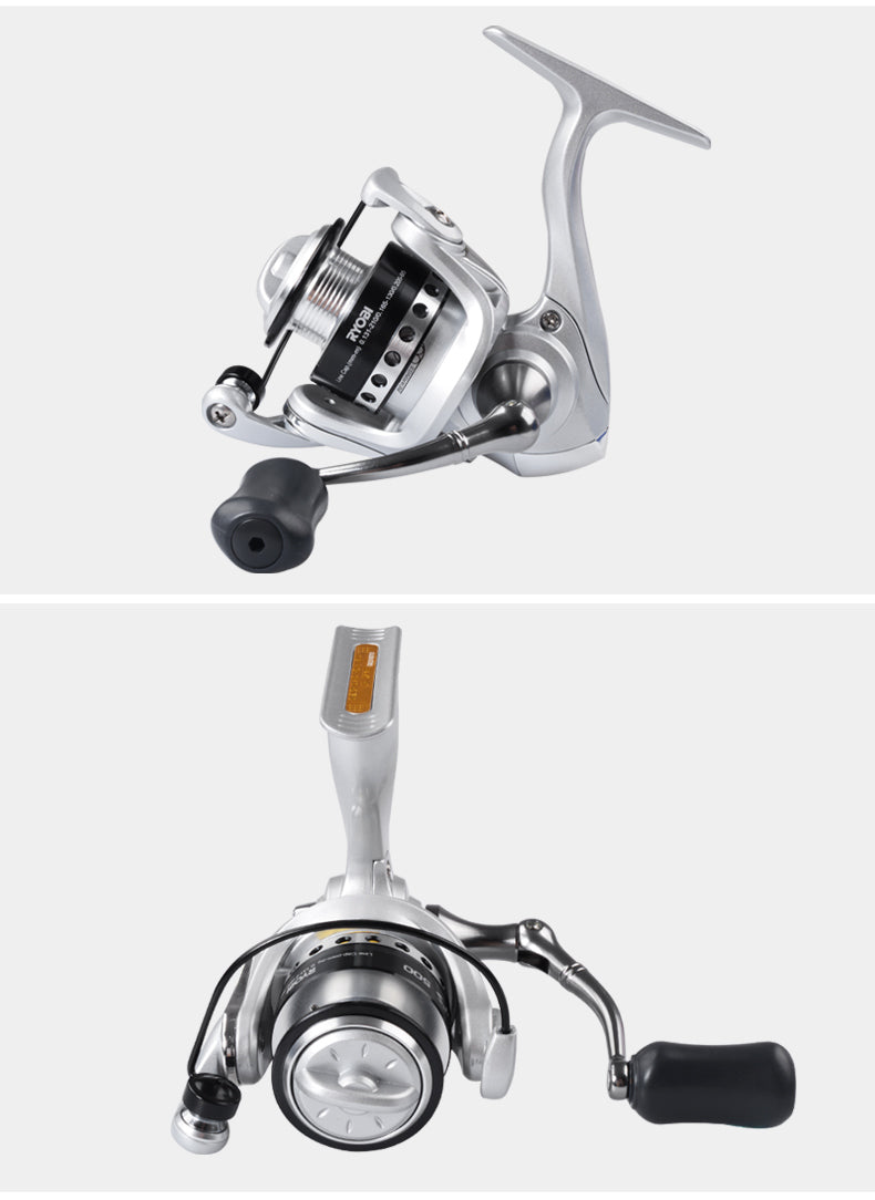 MINI 500 800 1000 spinning fishing reels showcasing a sleek design, lightweight build, and 5.2:1 gear ratio, perfect for various fishing environments.