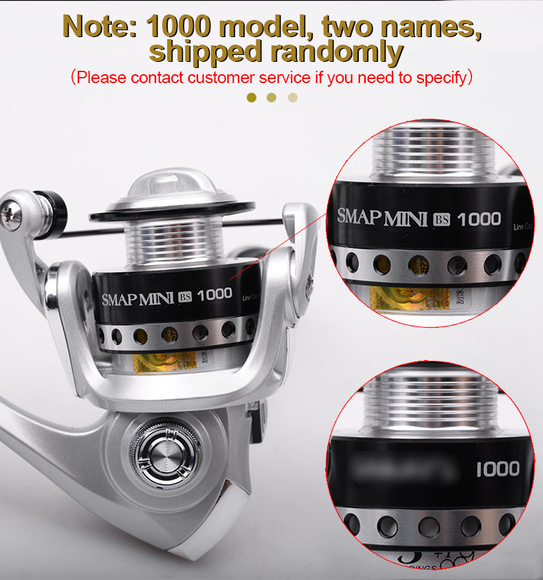 MINI 500 800 1000 spinning fishing reels showcasing a sleek design, lightweight build, and 5.2:1 gear ratio, perfect for various fishing environments.