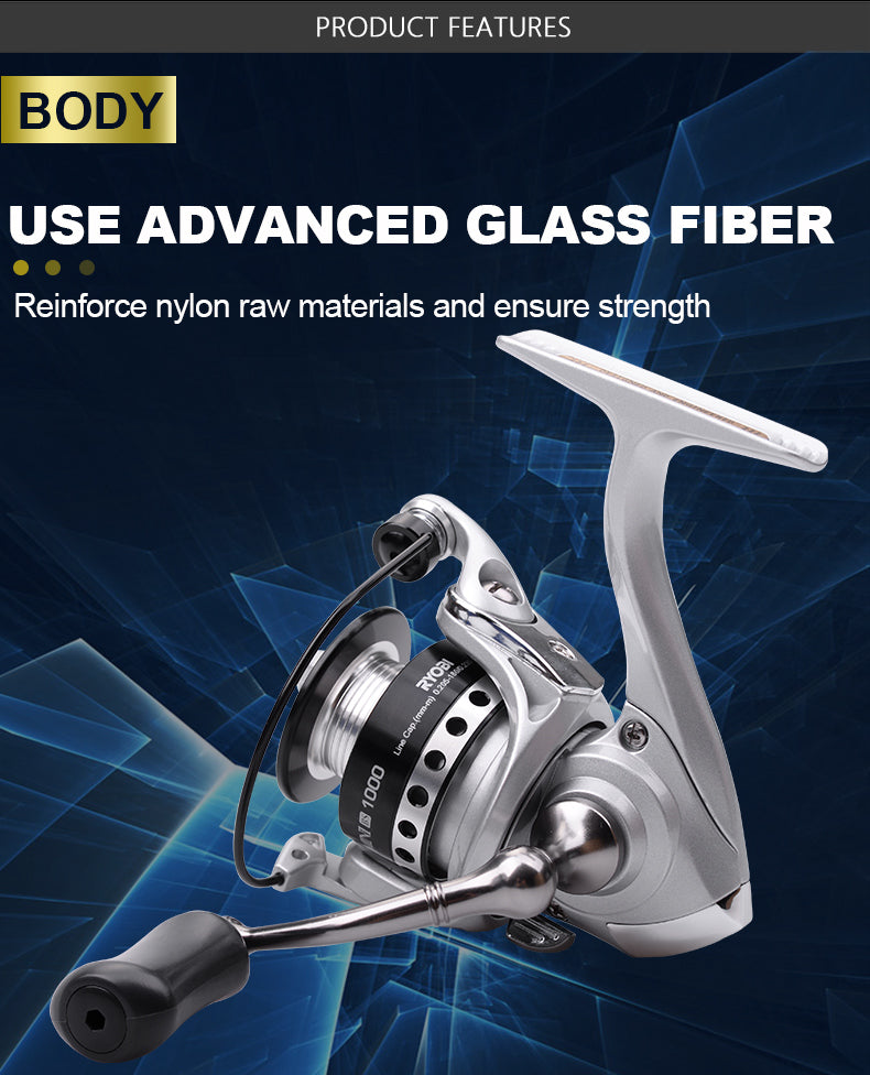 MINI 500 800 1000 spinning fishing reels showcasing a sleek design, lightweight build, and 5.2:1 gear ratio, perfect for various fishing environments.