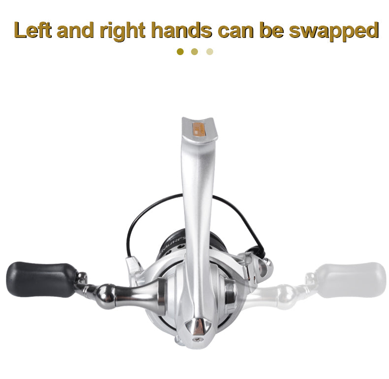 MINI 500 800 1000 spinning fishing reels showcasing a sleek design, lightweight build, and 5.2:1 gear ratio, perfect for various fishing environments.