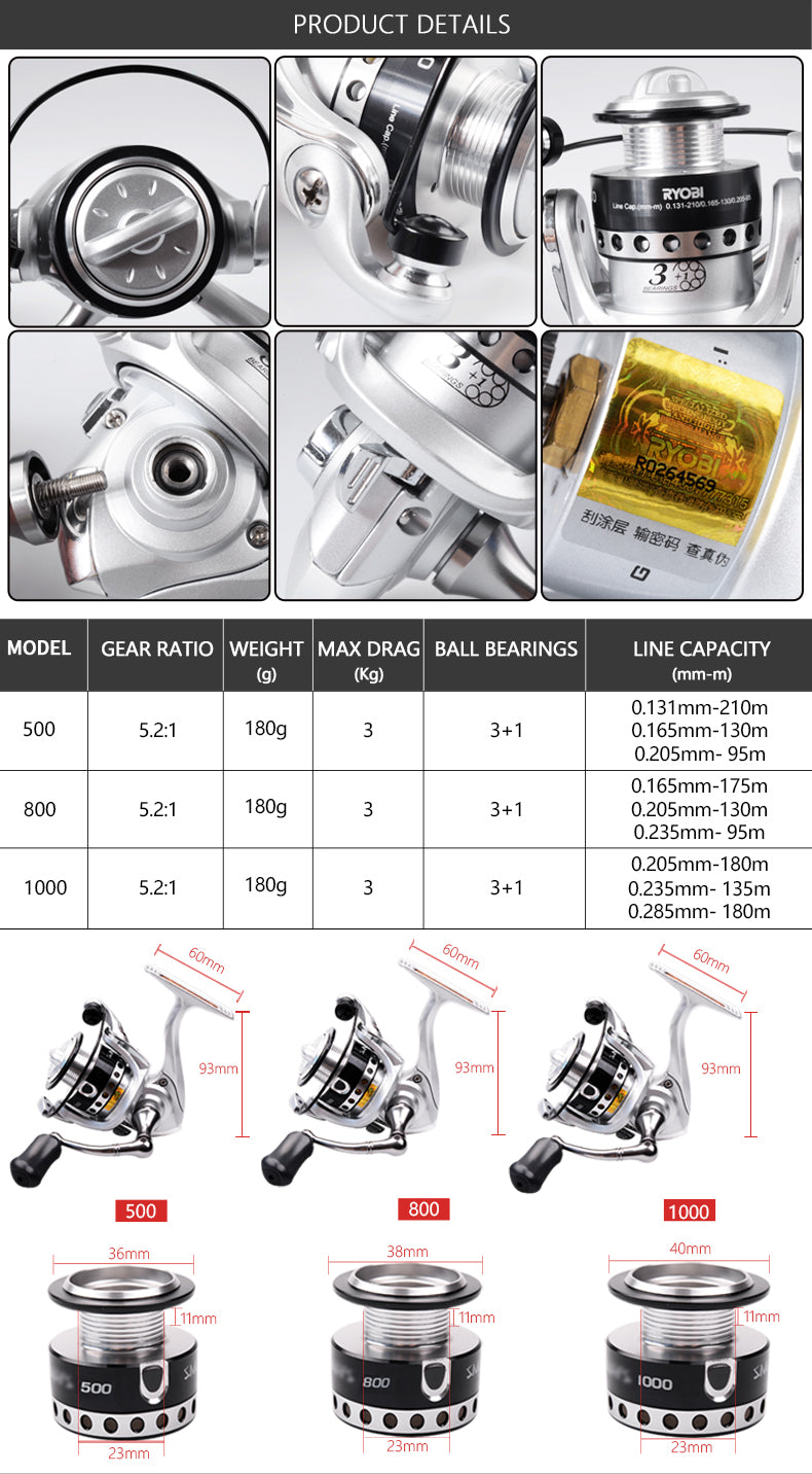 MINI 500 800 1000 spinning fishing reels showcasing a sleek design, lightweight build, and 5.2:1 gear ratio, perfect for various fishing environments.