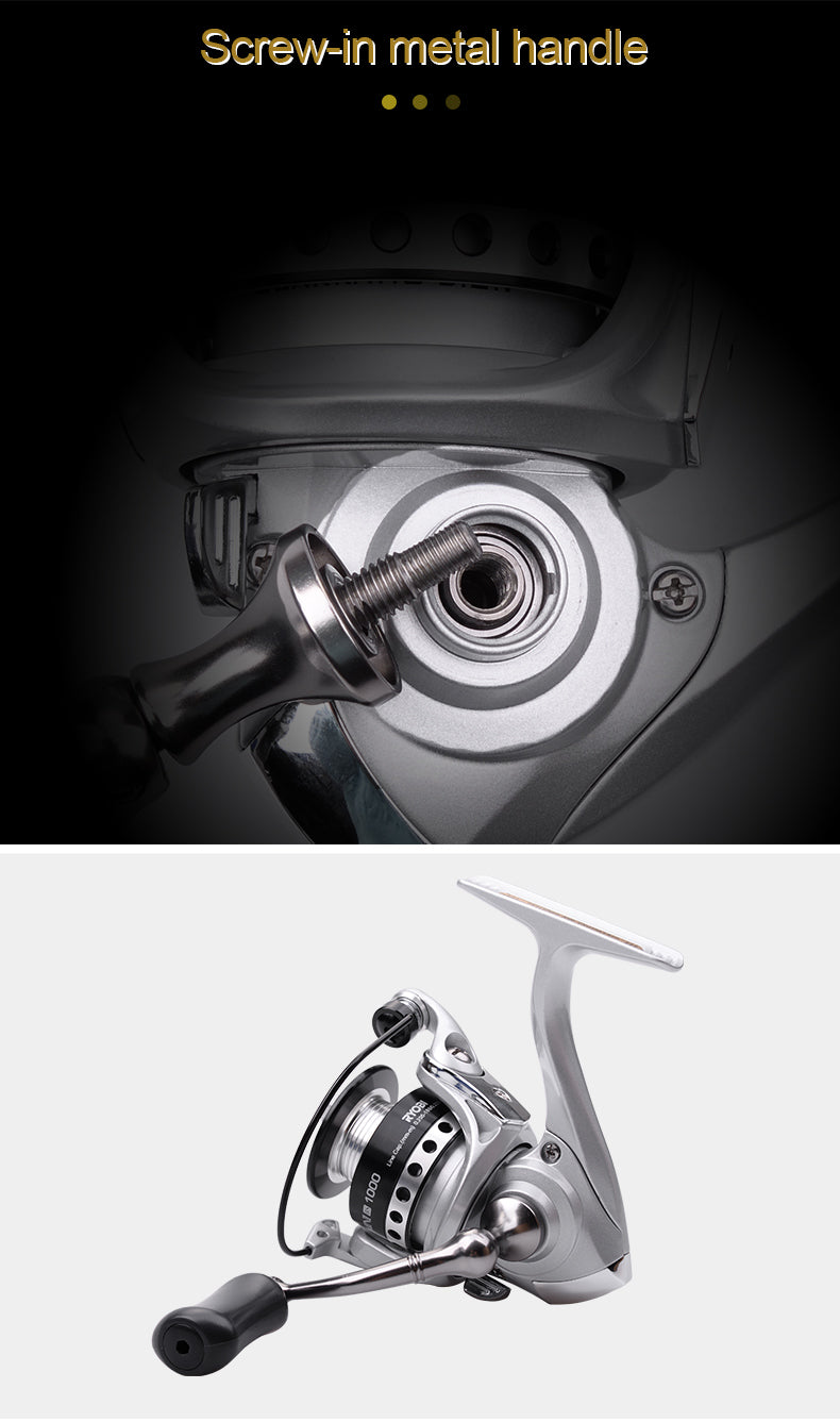 MINI 500 800 1000 spinning fishing reels showcasing a sleek design, lightweight build, and 5.2:1 gear ratio, perfect for various fishing environments.