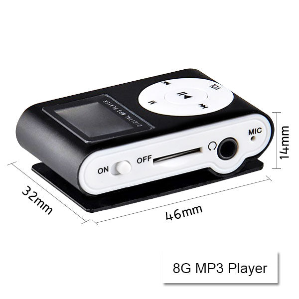 Mini Clip 16G MP3 Music Player in silver with USB cable and earphones, showcasing its compact design and metallic finish.