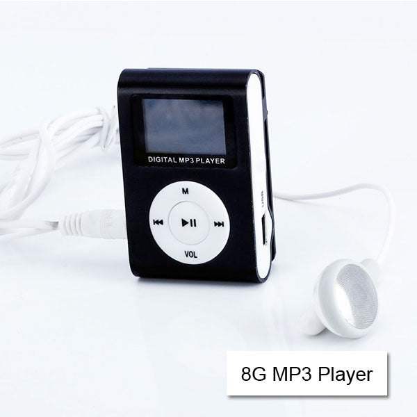 Mini Clip 16G MP3 Music Player in silver with USB cable and earphones, showcasing its compact design and metallic finish.