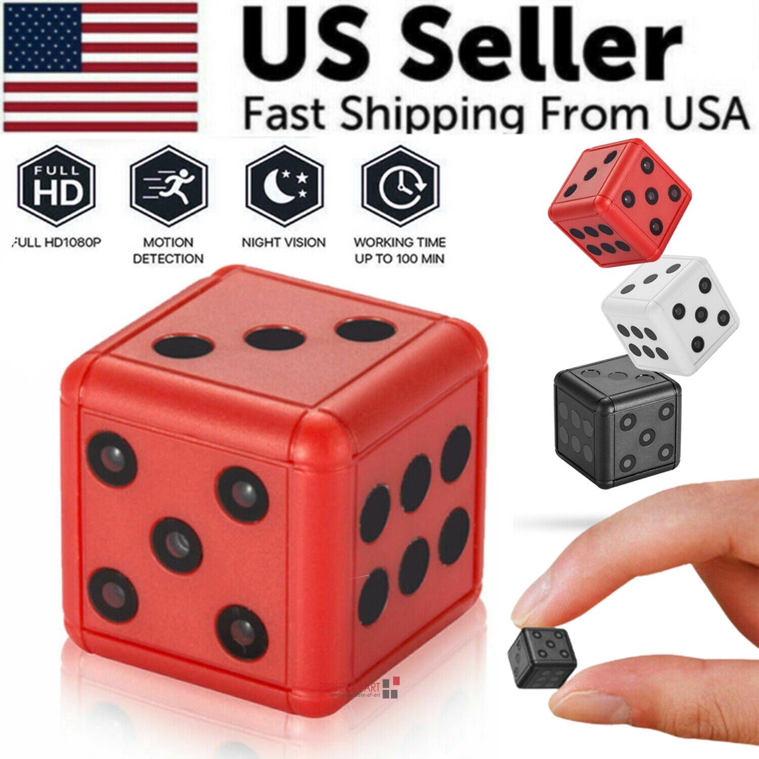 Mini Dice Camera for home security featuring night vision and motion detection capabilities, designed in a compact dice shape.