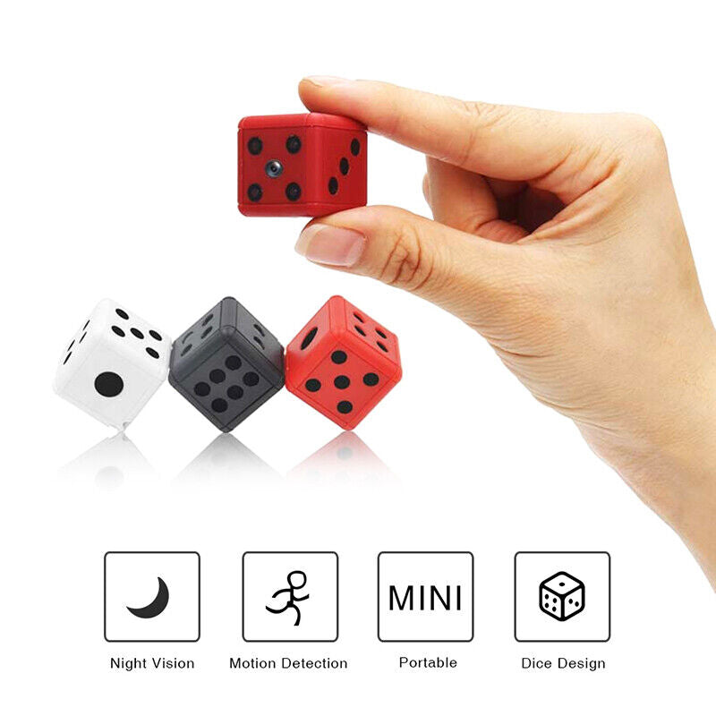 Mini Dice Camera for home security featuring night vision and motion detection capabilities, designed in a compact dice shape.