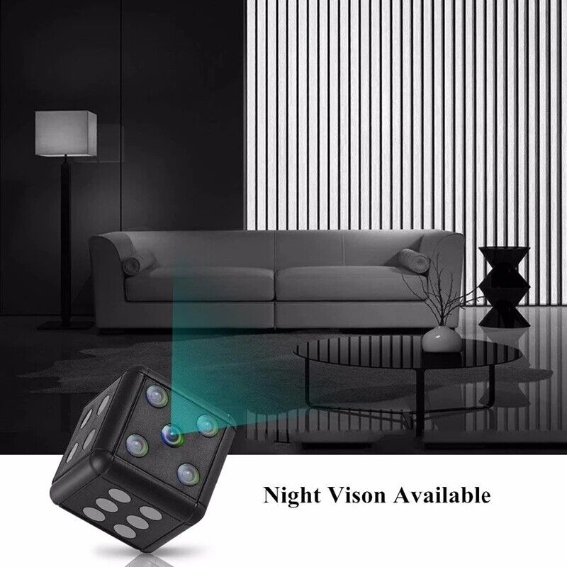 Mini Dice Camera for home security featuring night vision and motion detection capabilities, designed in a compact dice shape.