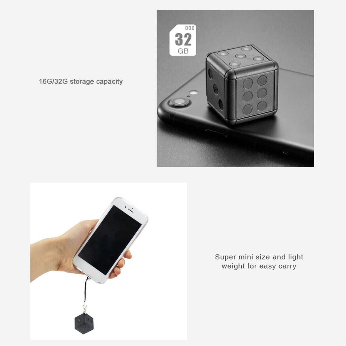 Mini Dice Camera for home security featuring night vision and motion detection capabilities, designed in a compact dice shape.