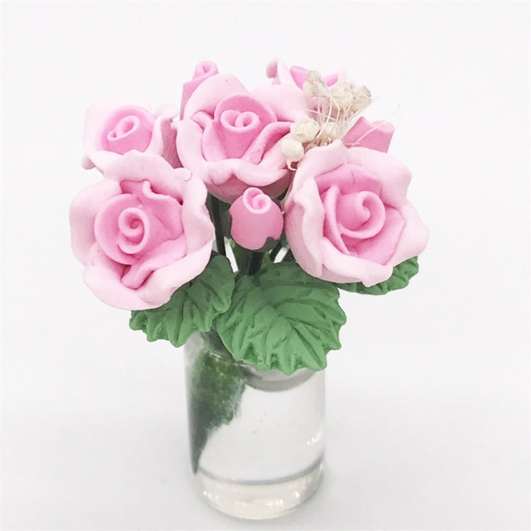 Mini Dollhouse Living Room Decoration featuring pink potted roses in a glass vase, perfect for dollhouse decor.