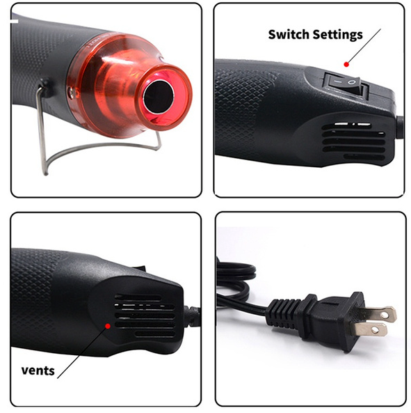Mini Heat Gun DIY Electric Nozzles Tool with ergonomic design and stainless steel stand for easy crafting and embossing.