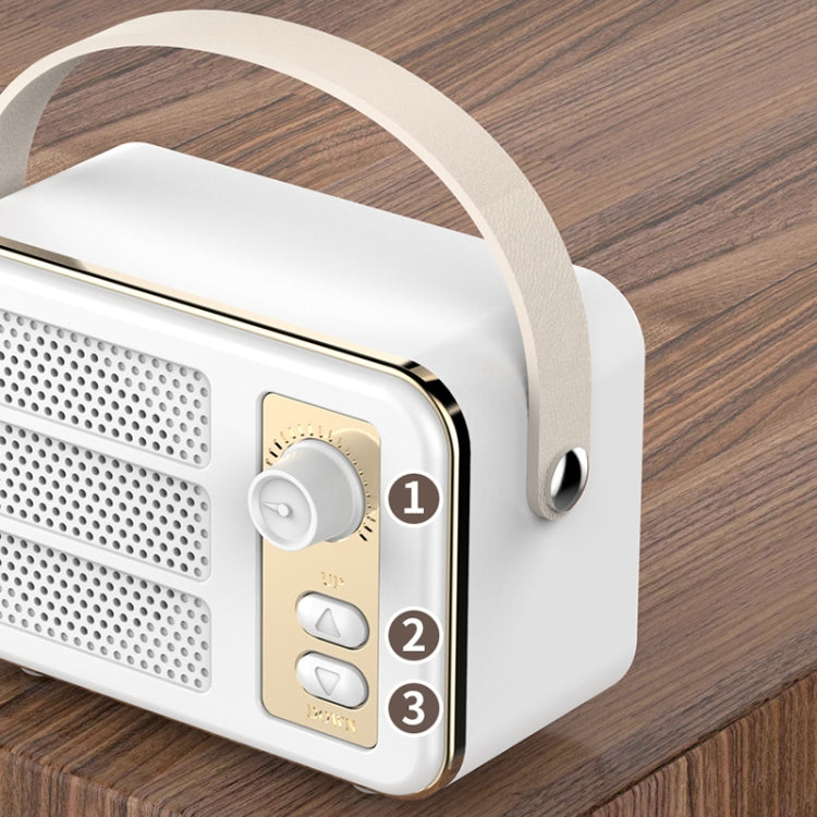 Mini Retro HIFI Level Stereo Sound Handheld Portable Bluetooth speaker with leather handle and knob design, showcasing its compact size and stylish finish.
