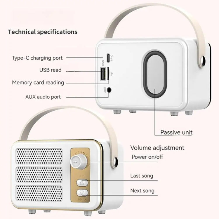 Mini Retro HIFI Level Stereo Sound Handheld Portable Bluetooth speaker with leather handle and knob design, showcasing its compact size and stylish finish.