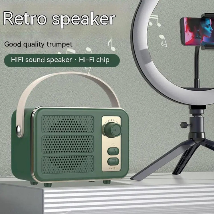 Mini Retro HIFI Level Stereo Sound Handheld Portable Bluetooth speaker with leather handle and knob design, showcasing its compact size and stylish finish.