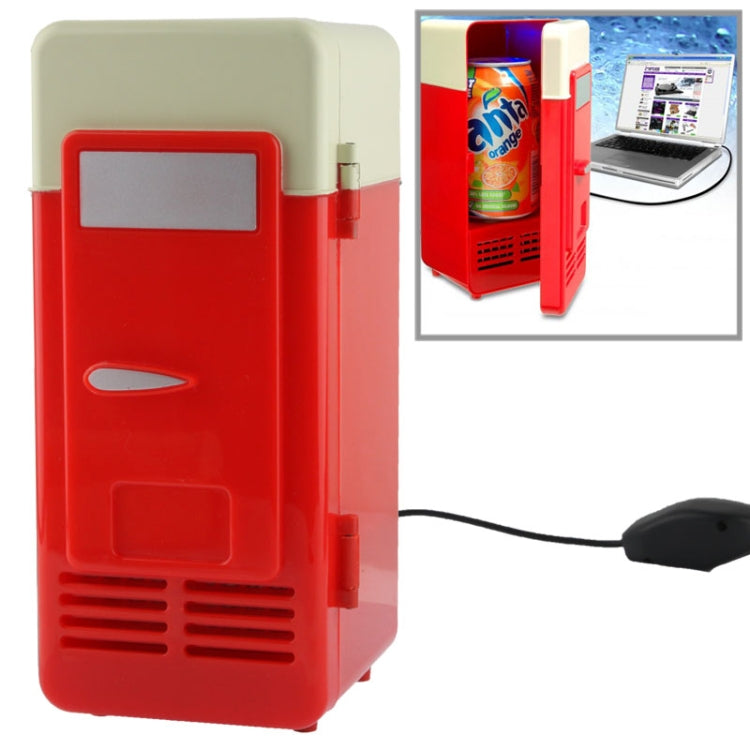 Mini USB PC Fridge in red color, designed for cooling and heating beverage cans, compact and stylish for desktop use.