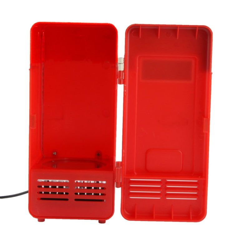 Mini USB PC Fridge in red color, designed for cooling and heating beverage cans, compact and stylish for desktop use.