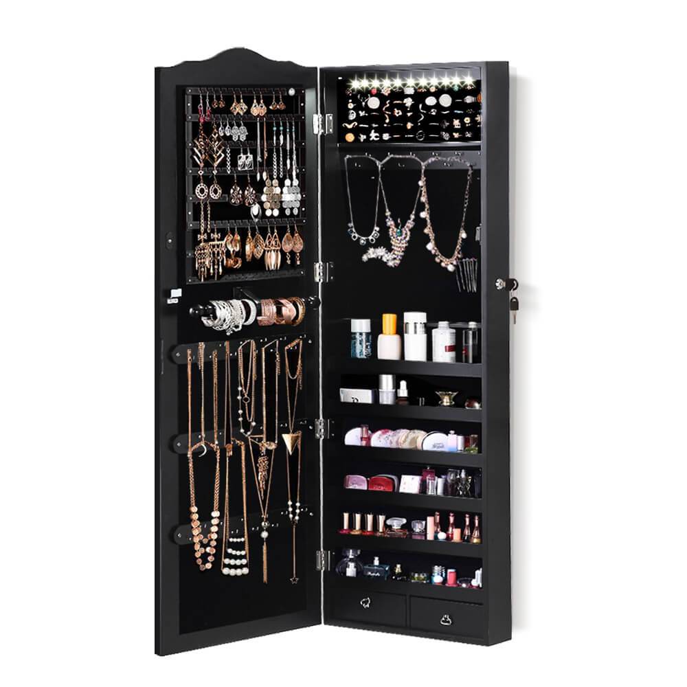 A stylish black mirror jewellery cabinet with ample storage for earrings, necklaces, and makeup, mounted on a wall.