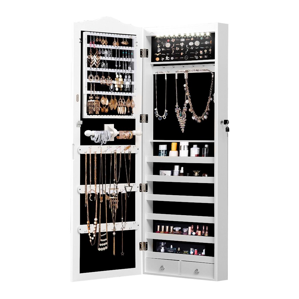 Mirror Jewellery Cabinet with LED lights, showcasing a full-length mirror and organized jewelry storage compartments.