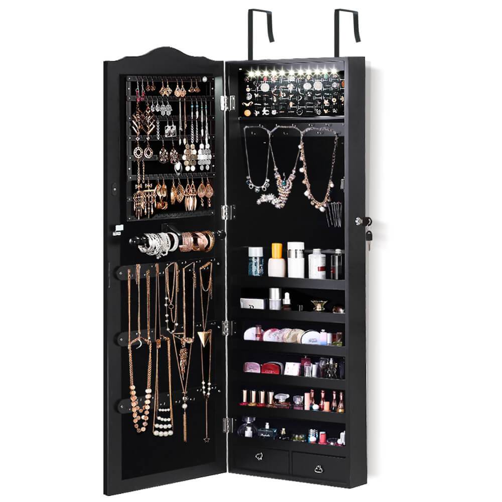 A stylish black mirror jewellery cabinet with ample storage for earrings, necklaces, and cosmetics, showcasing its elegant design and functionality.