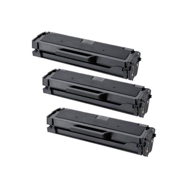 Three MLT-D101S Premium Generic Toner cartridges for Samsung printers, showcasing their sleek design and packaging.