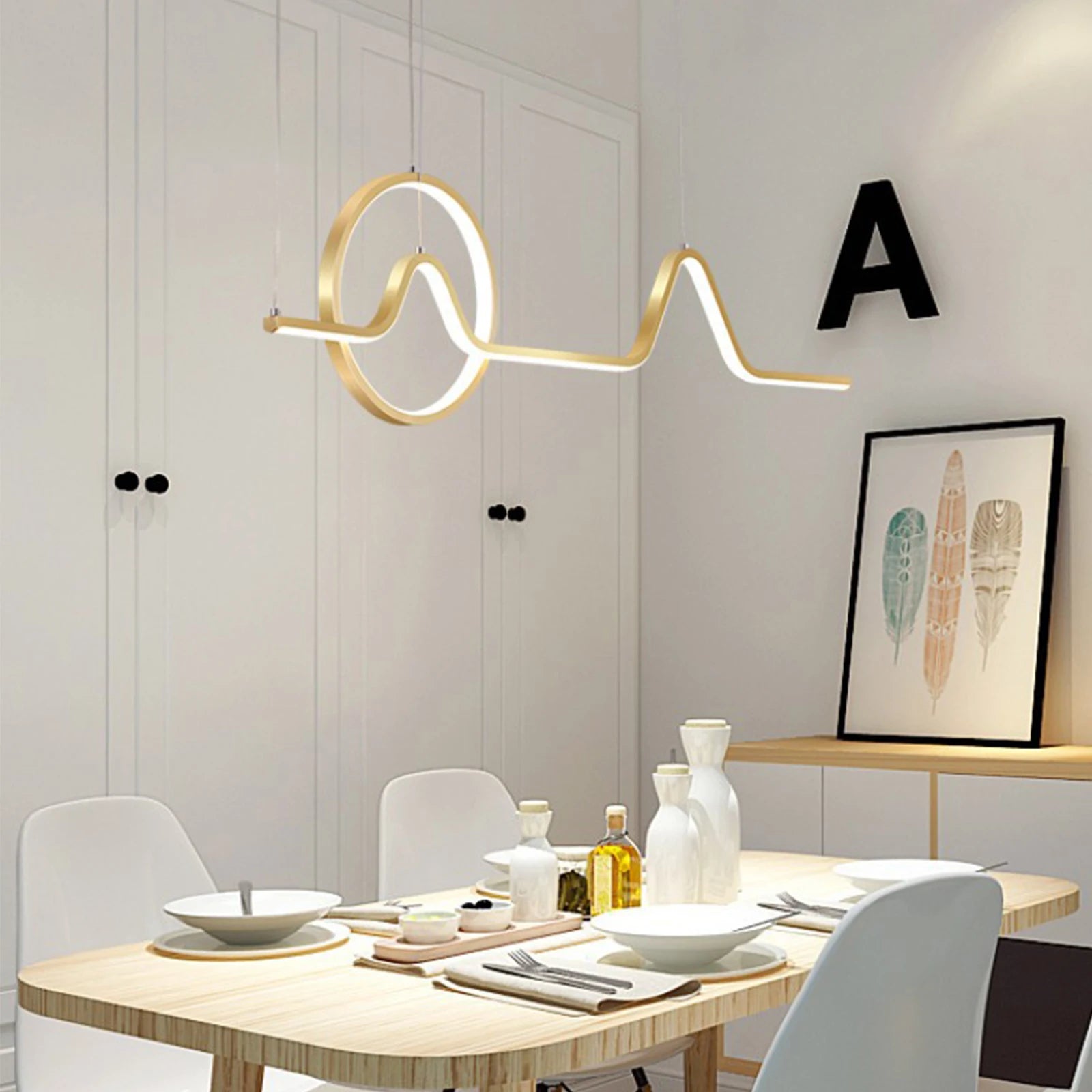 Modern LED chandelier ceiling light pendant lamp, showcasing adjustable height and sleek design, perfect for dining rooms.