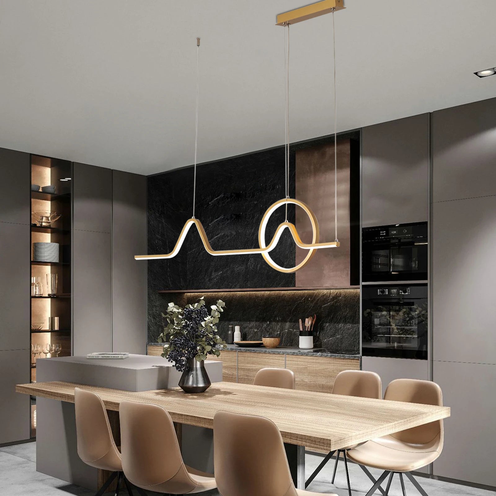 Modern LED chandelier ceiling light pendant lamp, showcasing adjustable height and sleek design, perfect for dining rooms.