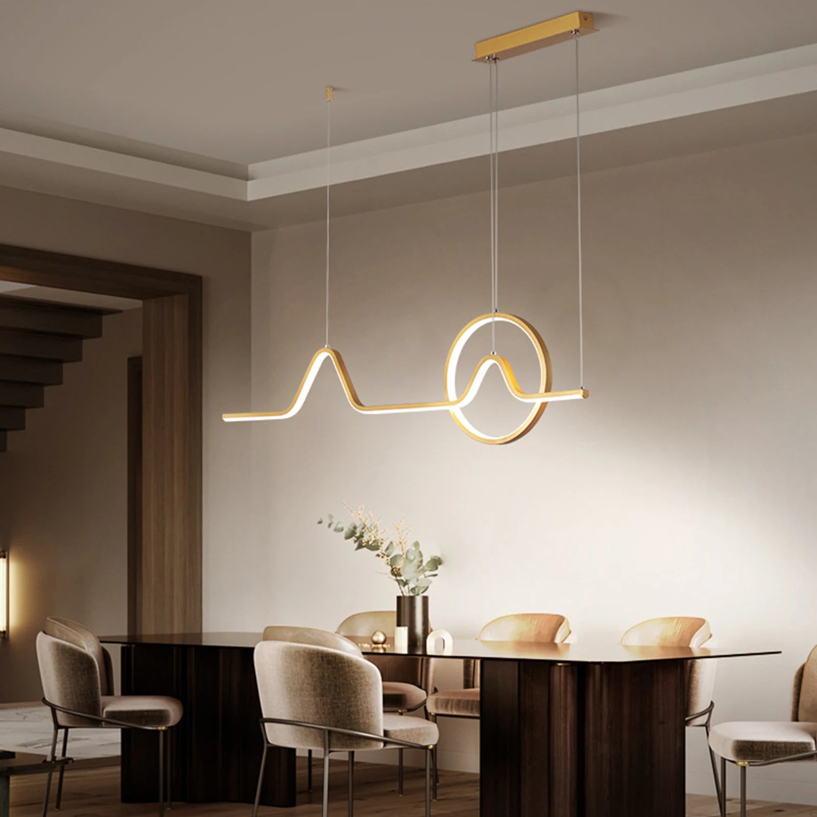 Modern LED chandelier ceiling light pendant lamp, showcasing adjustable height and sleek design, perfect for dining rooms.