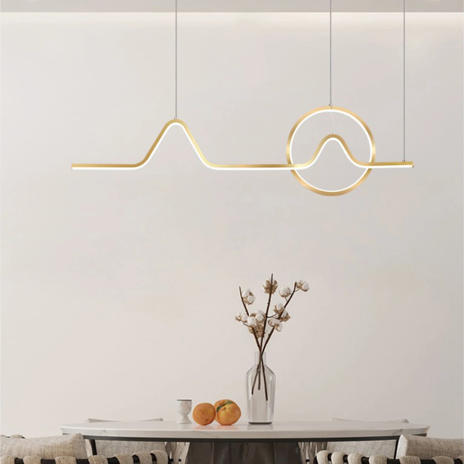 Modern LED chandelier ceiling light pendant lamp, showcasing adjustable height and sleek design, perfect for dining rooms.