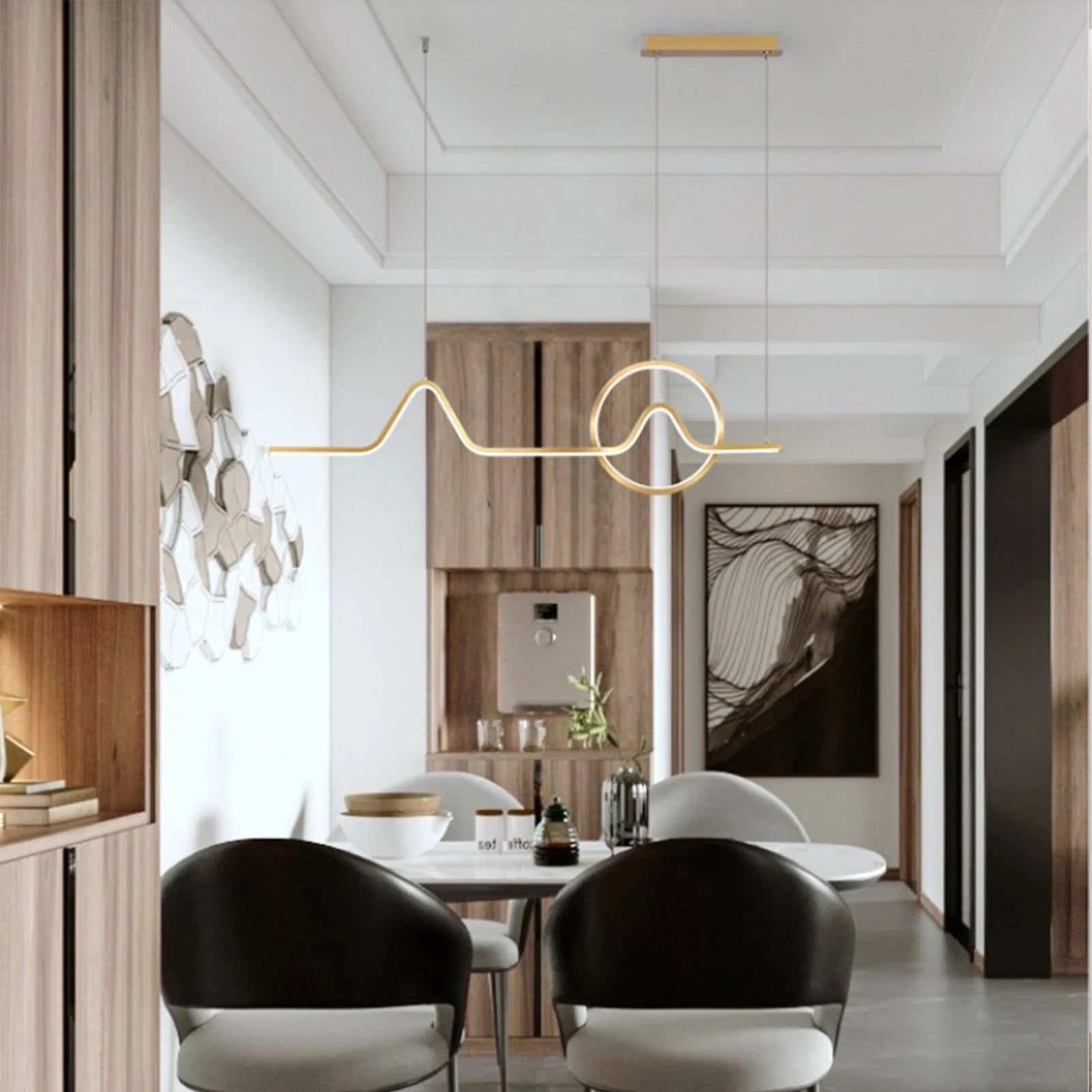 Modern LED chandelier ceiling light pendant lamp, showcasing adjustable height and sleek design, perfect for dining rooms.