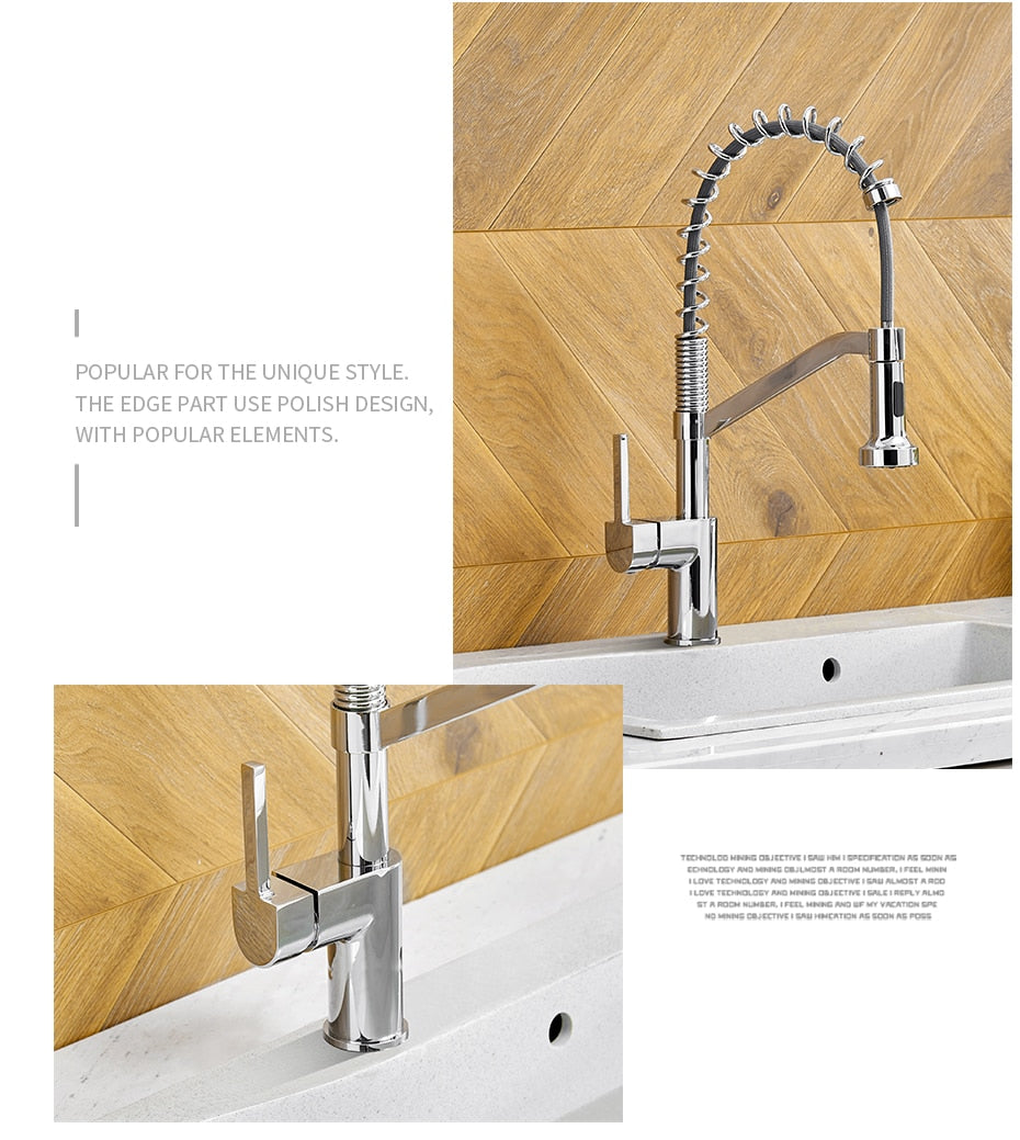 Modern polished chrome brass kitchen sink faucet with pull-out spray and single handle design, showcasing its sleek and contemporary style.