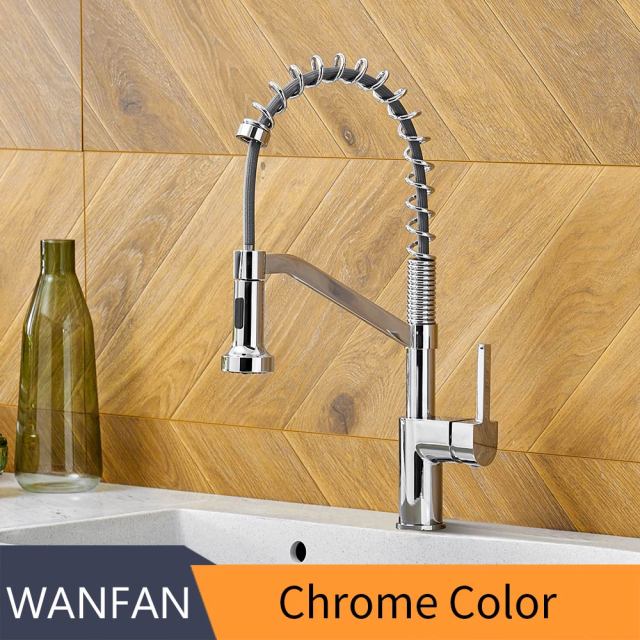 Modern polished chrome brass kitchen sink faucet with pull-out spray and single handle design, showcasing its sleek and contemporary style.