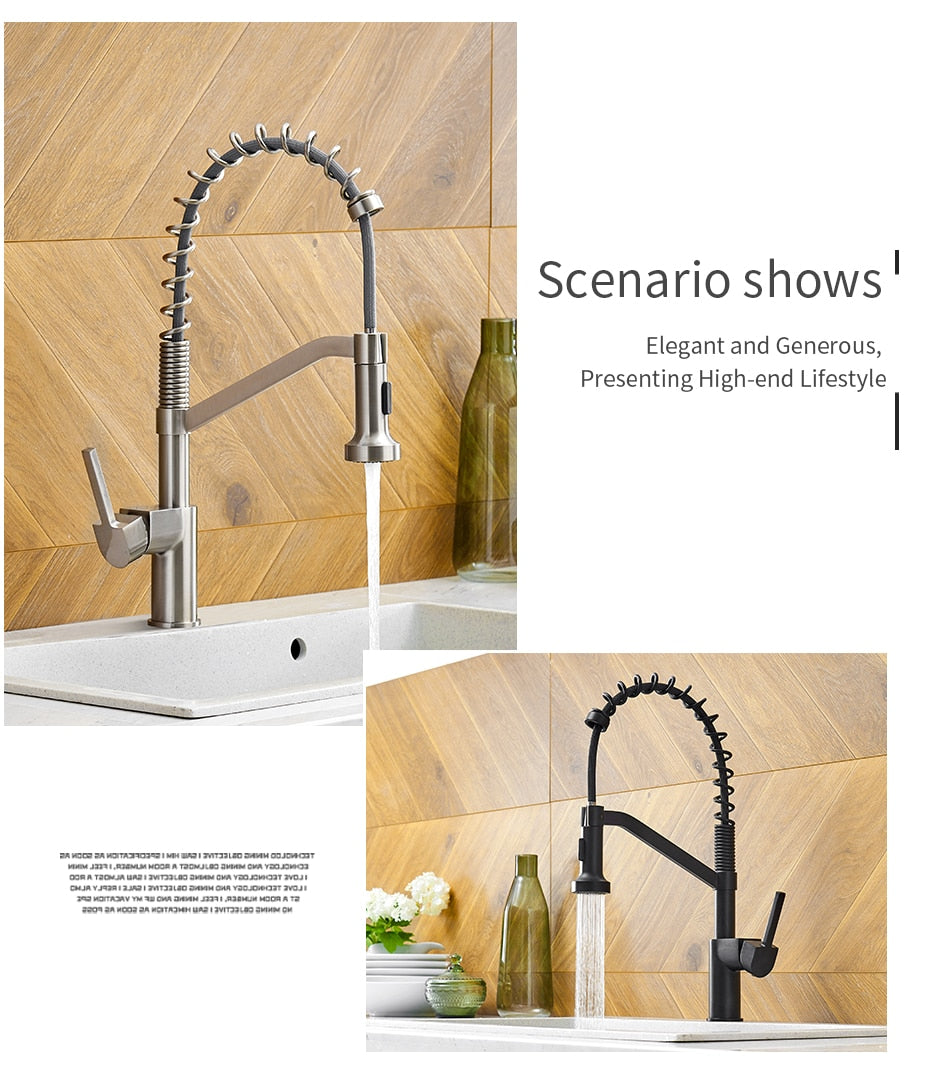 Modern polished chrome brass kitchen sink faucet with pull-out spray and single handle design, showcasing its sleek and contemporary style.
